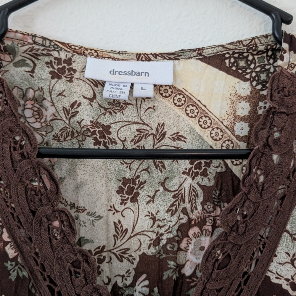dressbarn Brown & Sage Floral Patchwork Lace-Trim Blouse Fairy Top Very Y2K - Picture 3 of 7